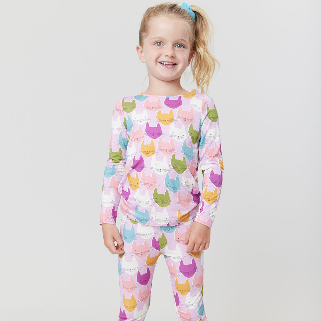 Kids Bamboo PJ Set Multi Cats Pink Chicken