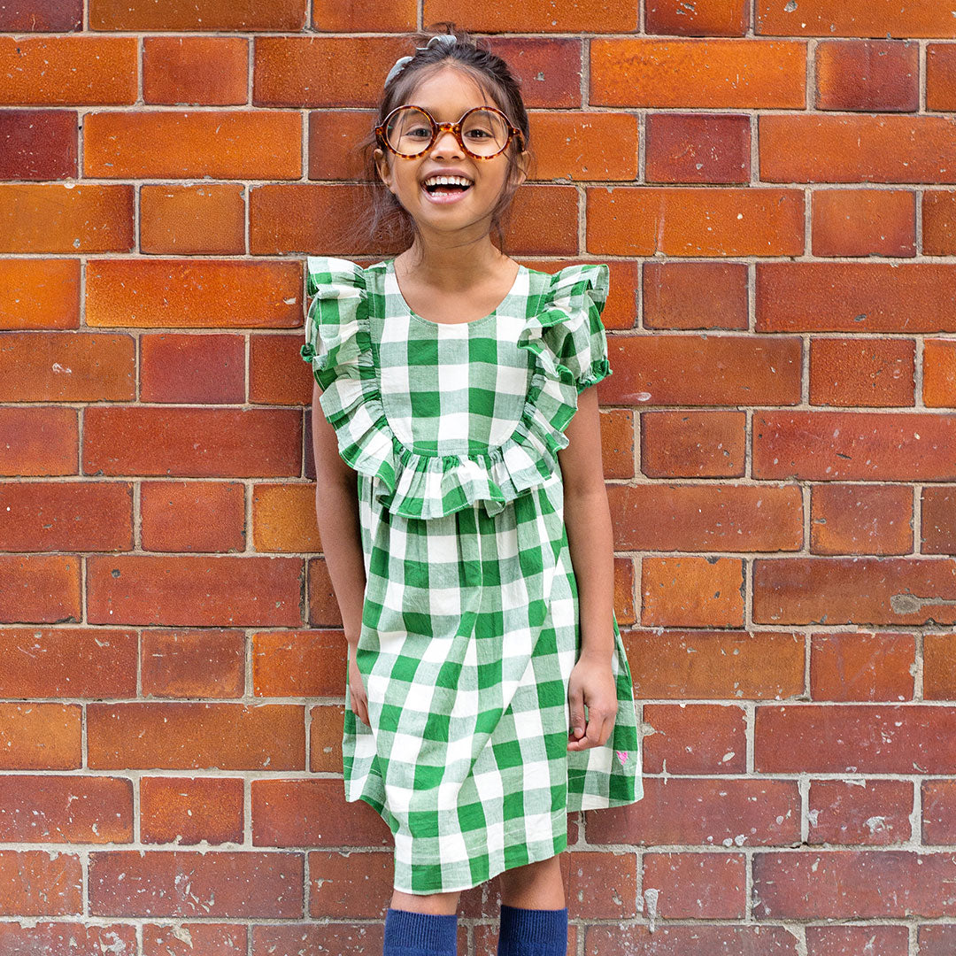 Girls Brayden Ruffle Dress Juniper Gingham Pink Chicken