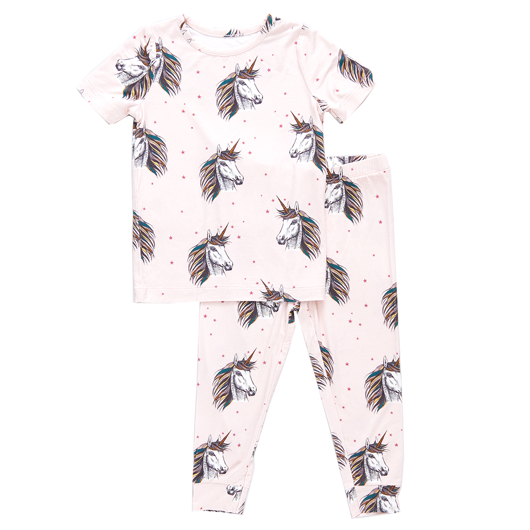 Kids Bamboo PJ Set Pink Unicorns Pink Chicken