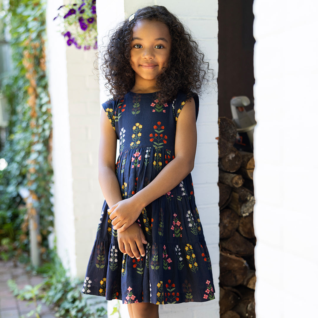 Girls Peachy Dress Navy Field Floral Pink Chicken