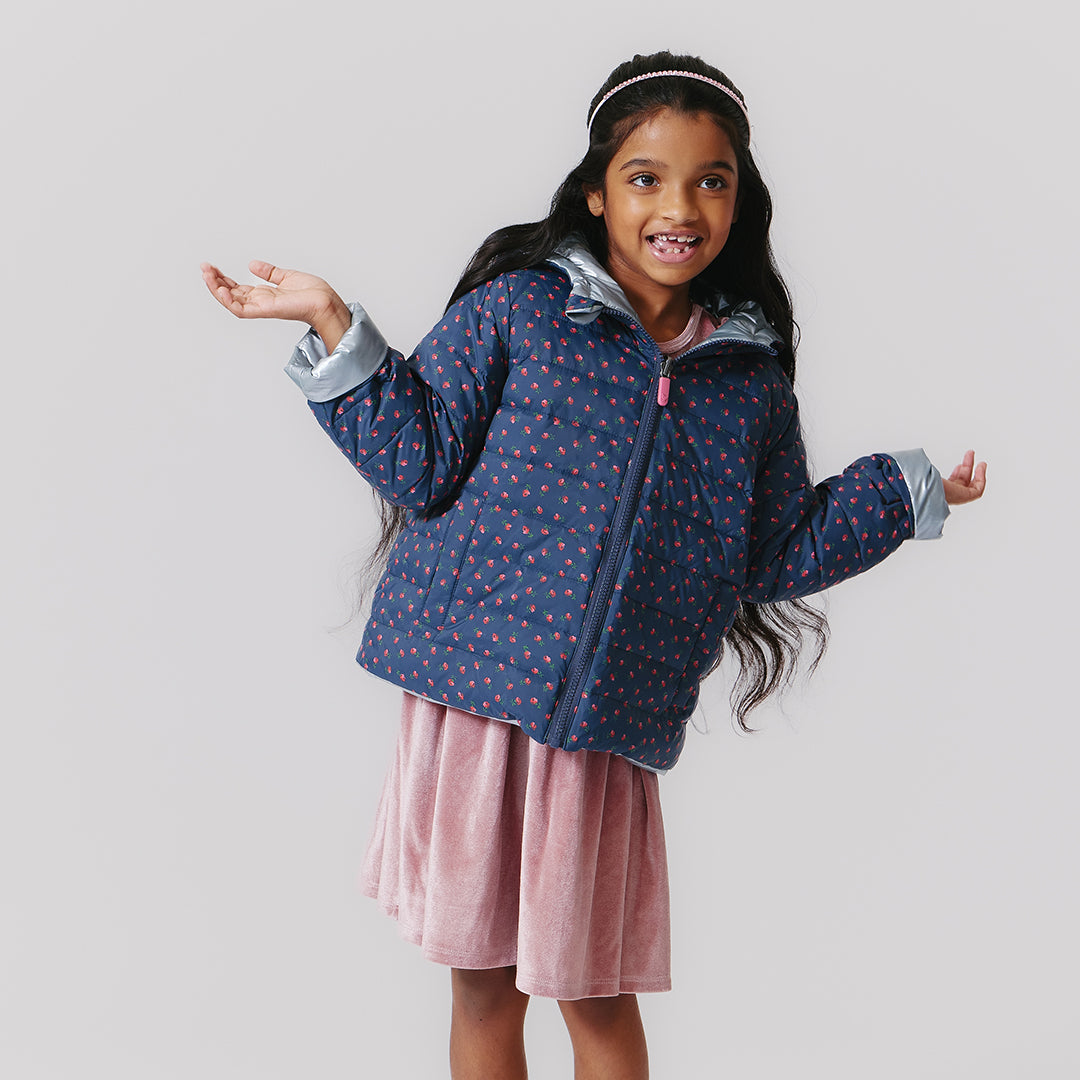 Kids Reversible Riley Jacket Navy Tiny Roses