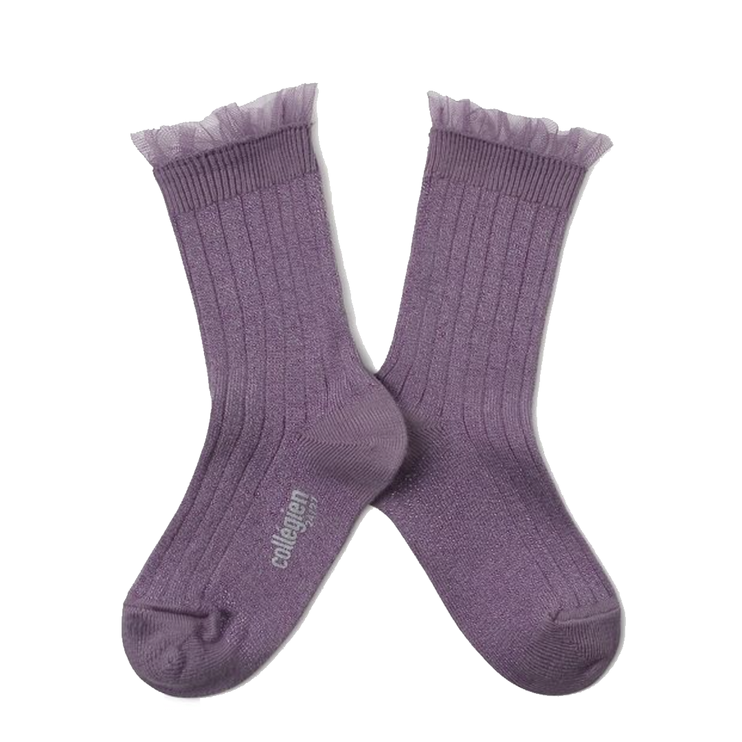 Tulle Trim Glitter Crew Socks Wisteria Purple Pink Chicken