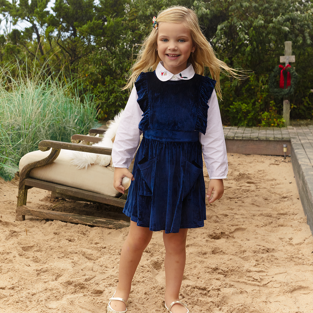 Girls Camille Jumper Navy Velour Pink Chicken