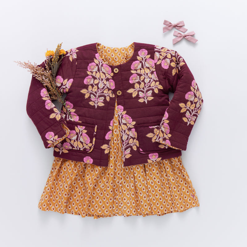 Girls Reversible Quilted Jacket - Burgundy Bouquet Floral