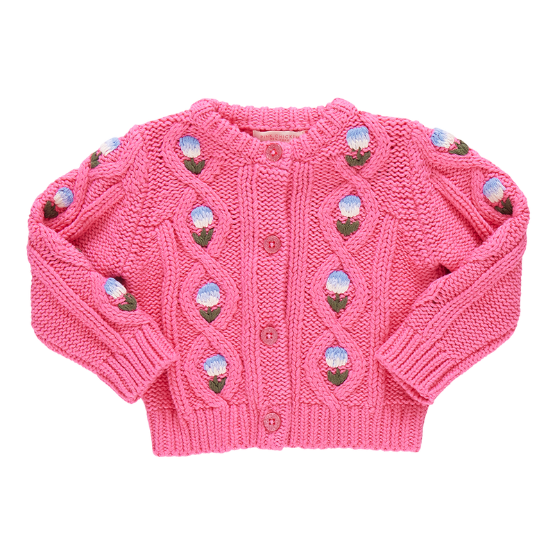 Baby Girls Dahlia Diamond Sweater - Pink Flower Embroidery