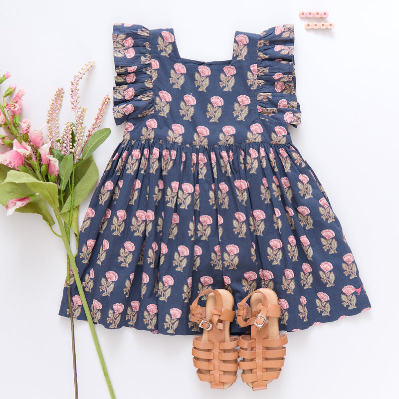 Girls Elsie Dress - Navy Flower Drop