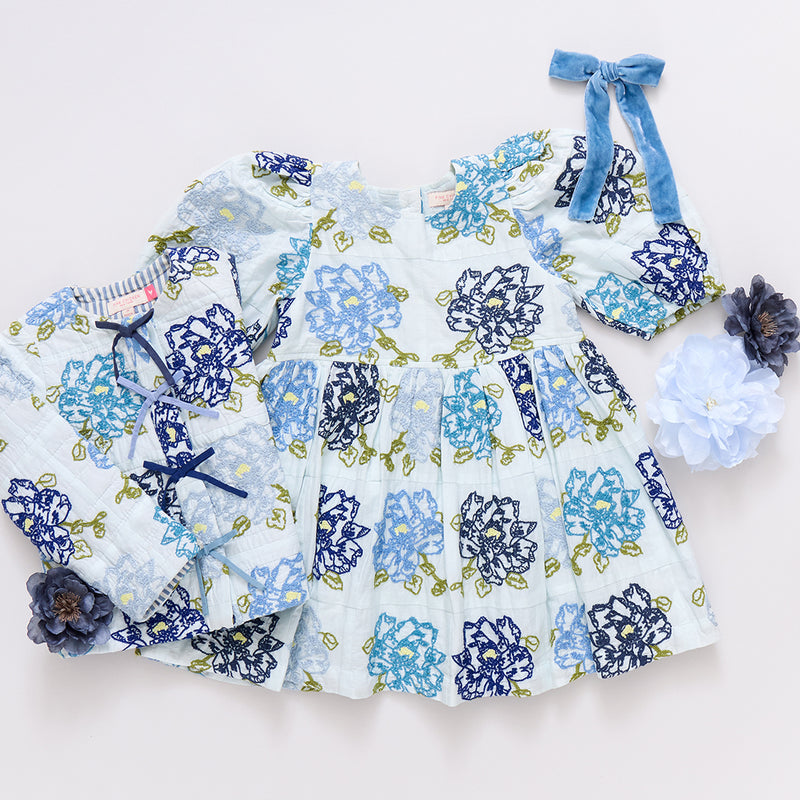 Girls Brooke Dress - Blue Quilt Flower Embroidery