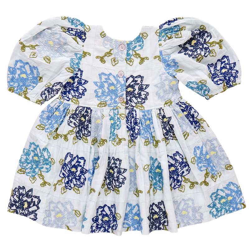 Girls Brooke Dress - Blue Quilt Flower Embroidery