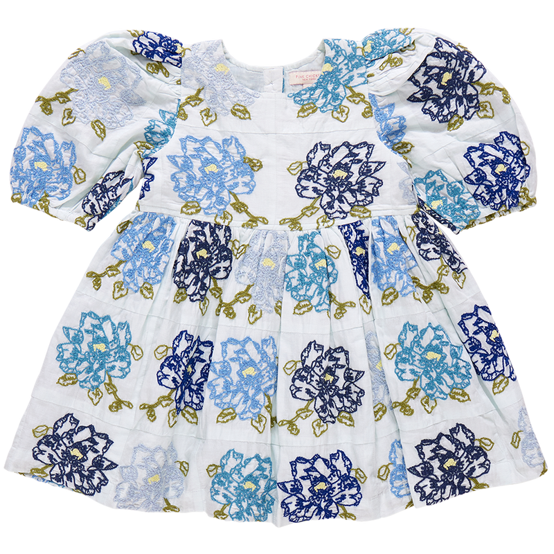 Girls Brooke Dress - Blue Quilt Flower Embroidery