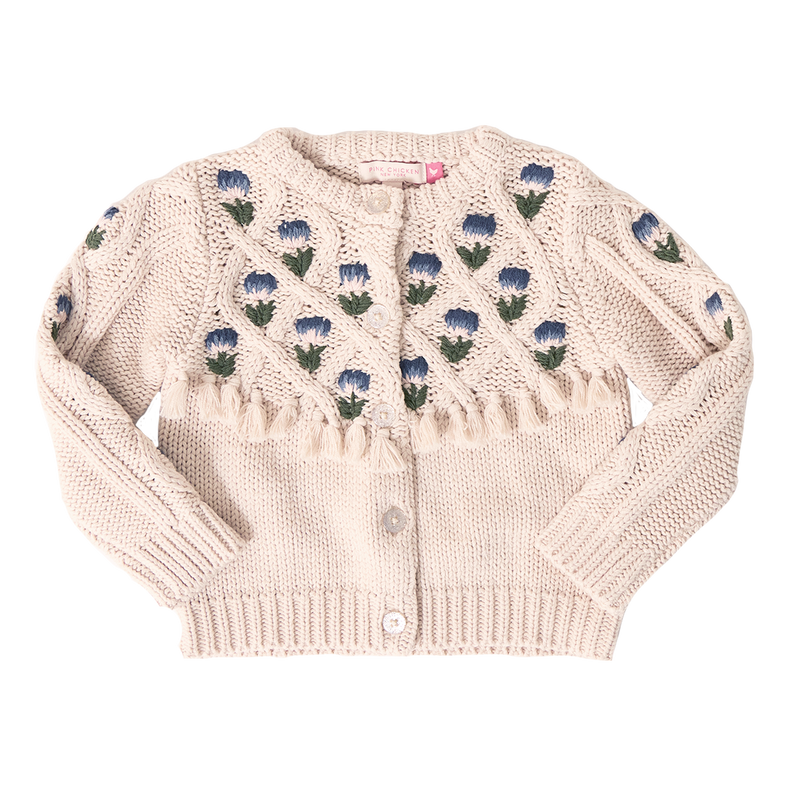 Girls Tari Tassel Sweater - Cream Flower Embroidery