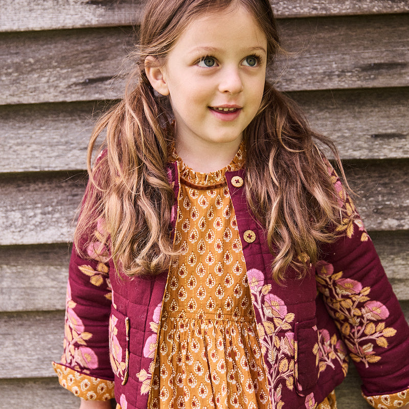 Girls Reversible Quilted Jacket - Burgundy Bouquet Floral