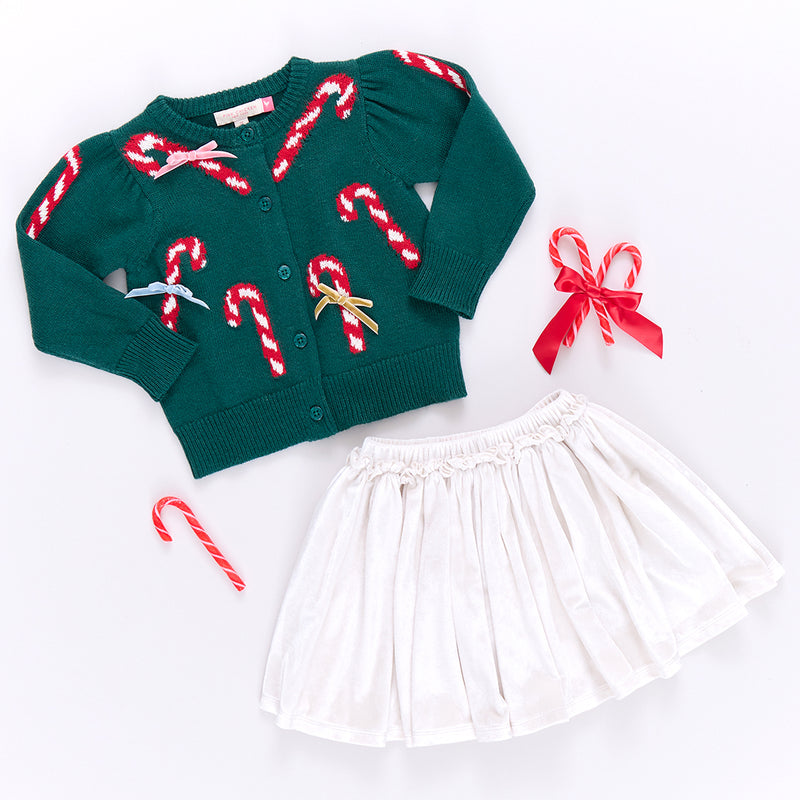 Girls Constance Sweater - Green Candy Cane Bows