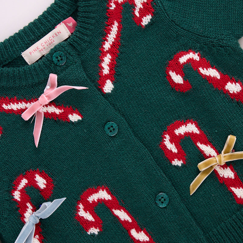 Girls Constance Sweater - Green Candy Cane Bows