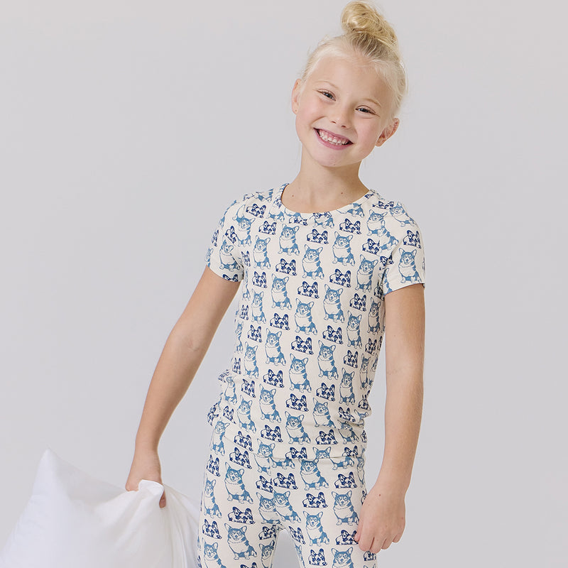 Kids Bamboo PJ Set - Blue Corgis