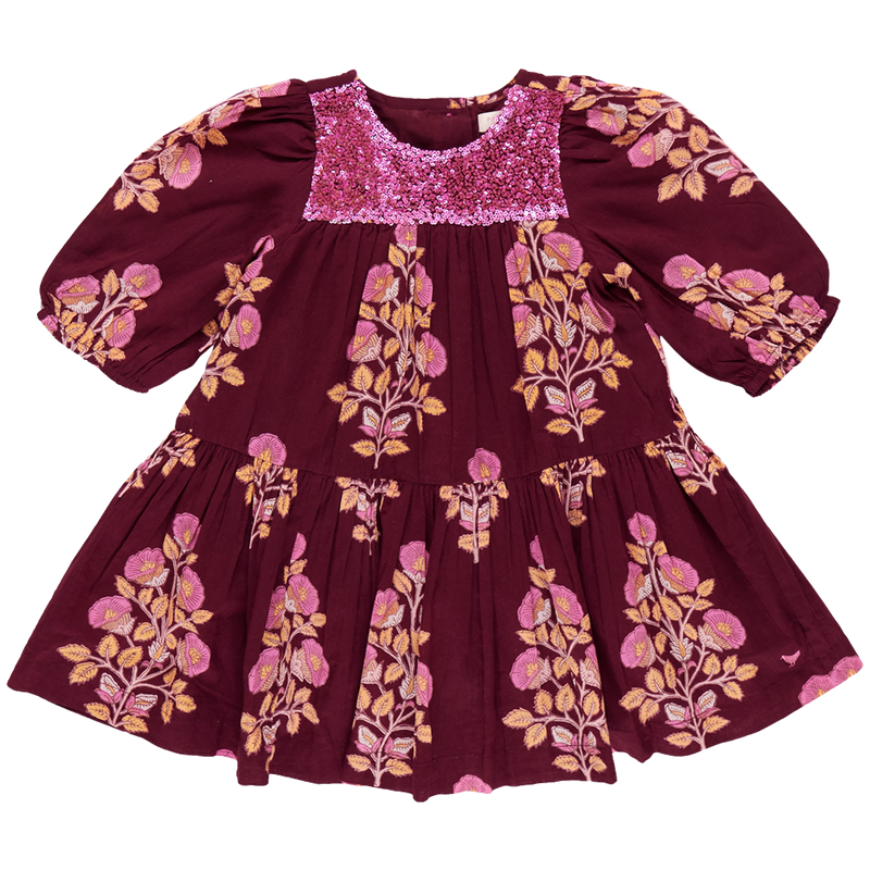 Girls Fiona Dress - Burgundy Bouquet Floral