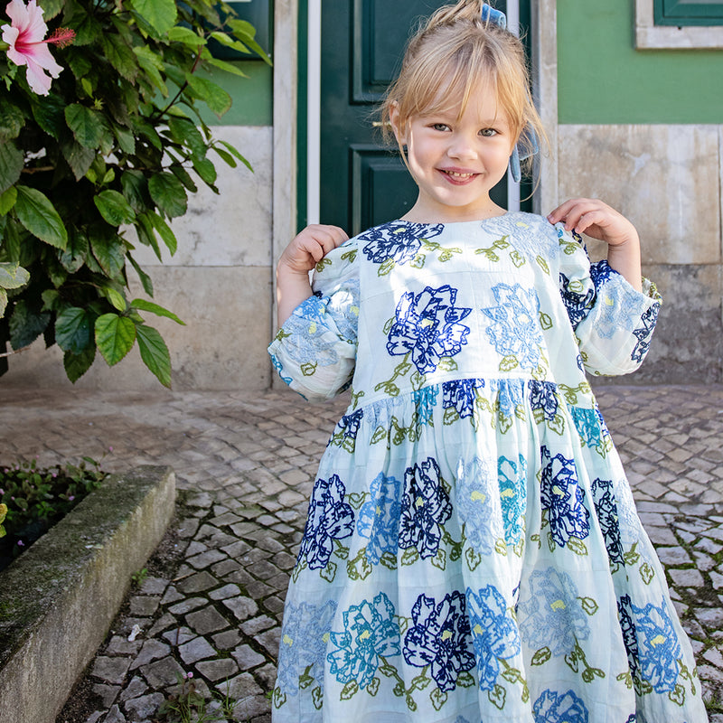 Girls Brooke Dress - Blue Quilt Flower Embroidery