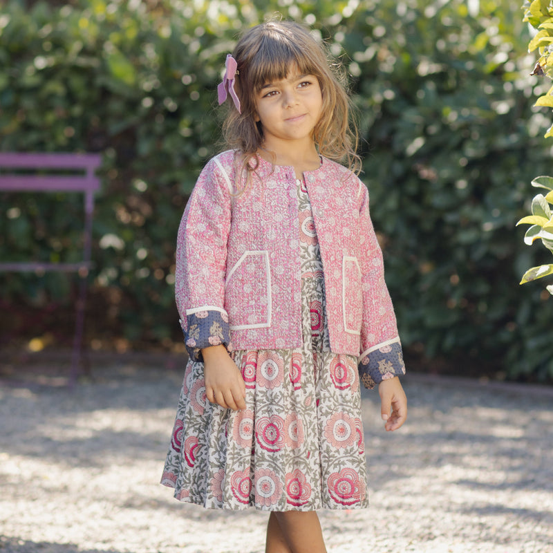 Girls Reversible Quilted Jacket - Hot Pink Garden Floral