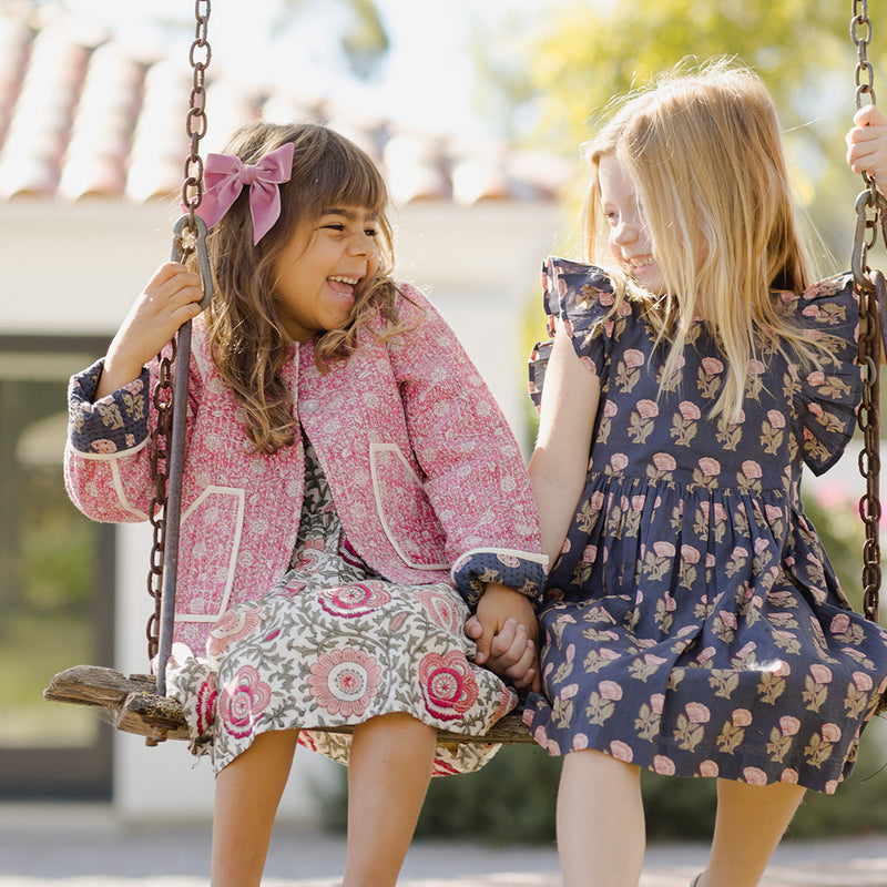 Girls Elsie Dress - Navy Flower Drop