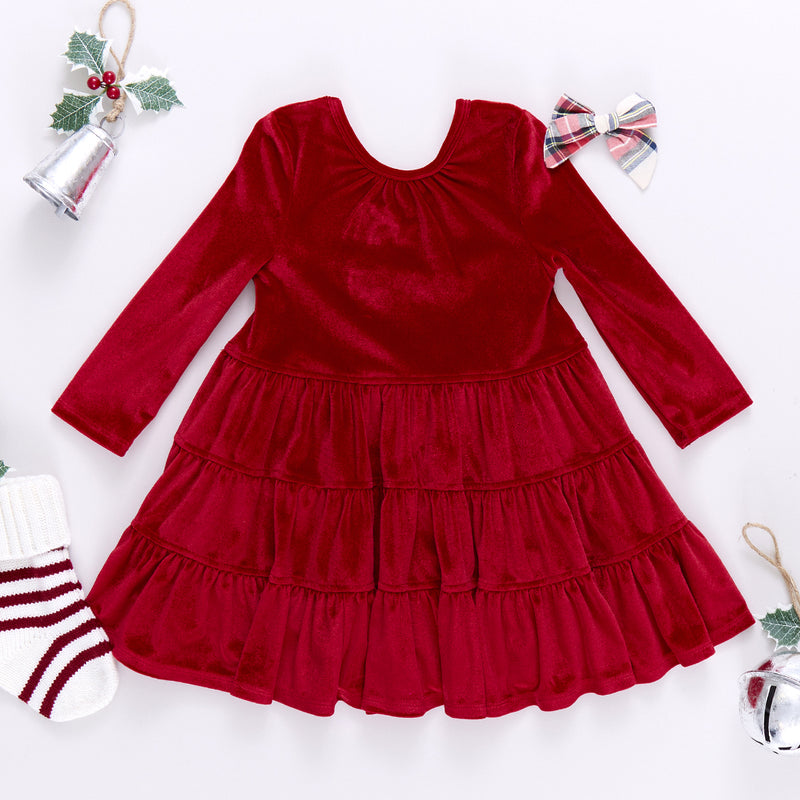 Girls Velour Pearl Dress - Red