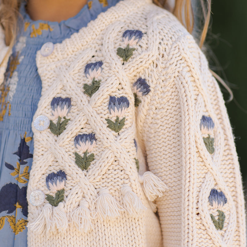 Girls Tari Tassel Sweater - Cream Flower Embroidery