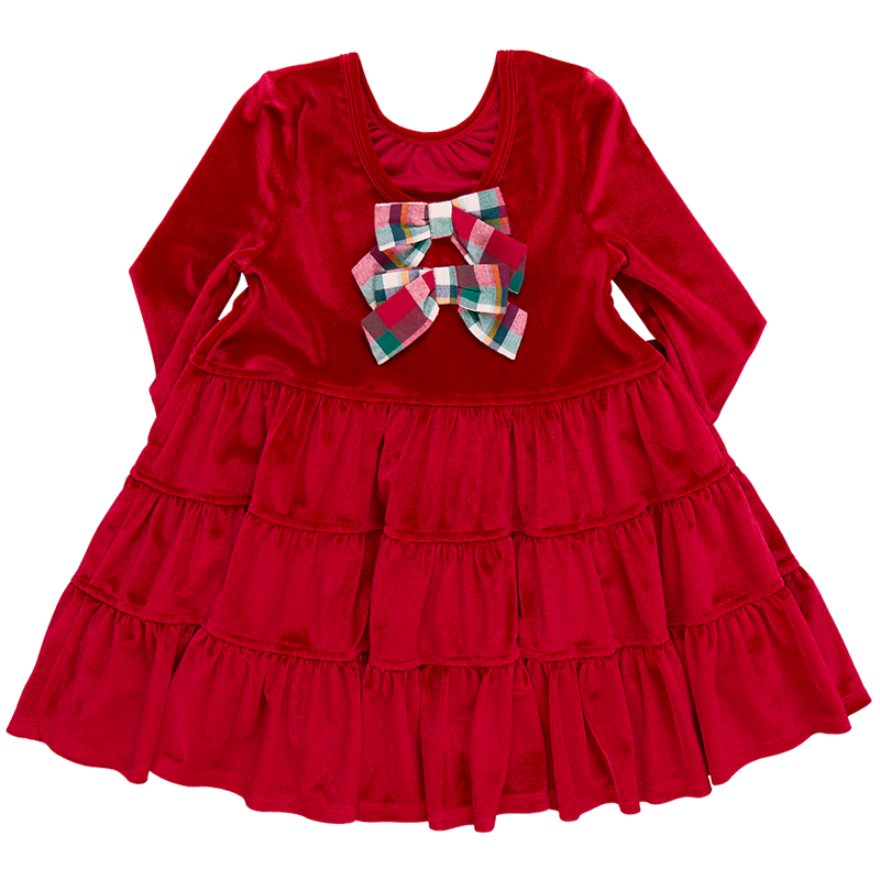 Girls Velour Pearl Dress - Red