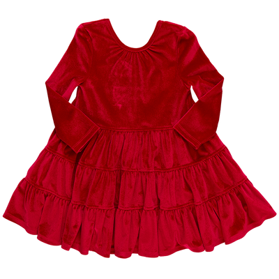 Girls Velour Pearl Dress - Red