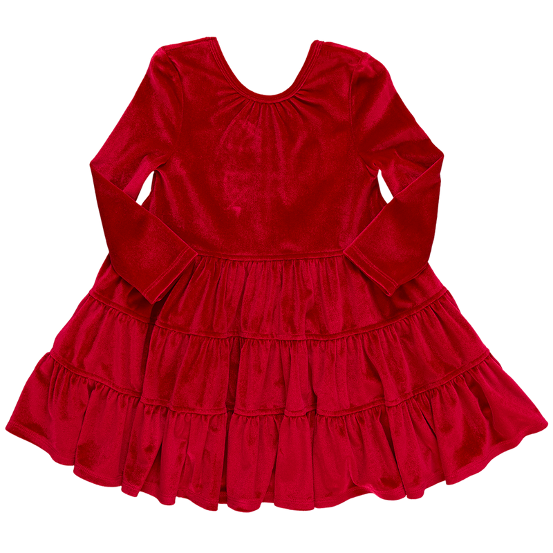 Girls Velour Pearl Dress - Red