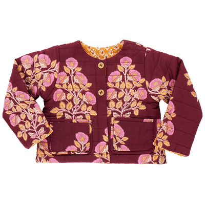 Girls Reversible Quilted Jacket - Burgundy Bouquet Floral