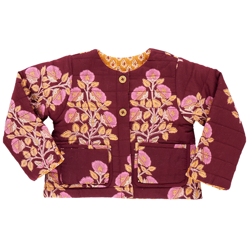 Girls Reversible Quilted Jacket - Burgundy Bouquet Floral