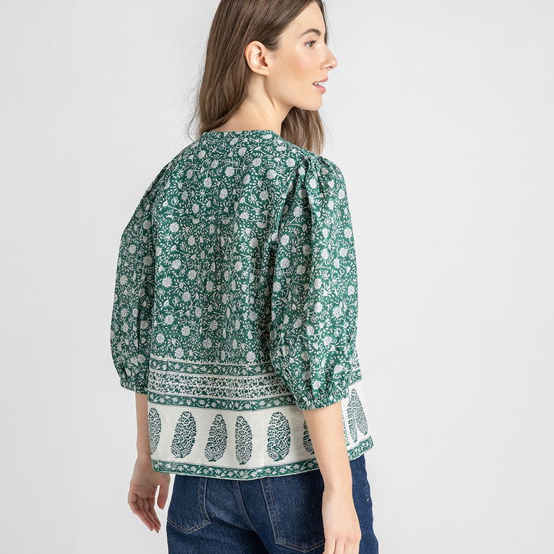 Womens Pintuck Indira Top - Green Garden Floral