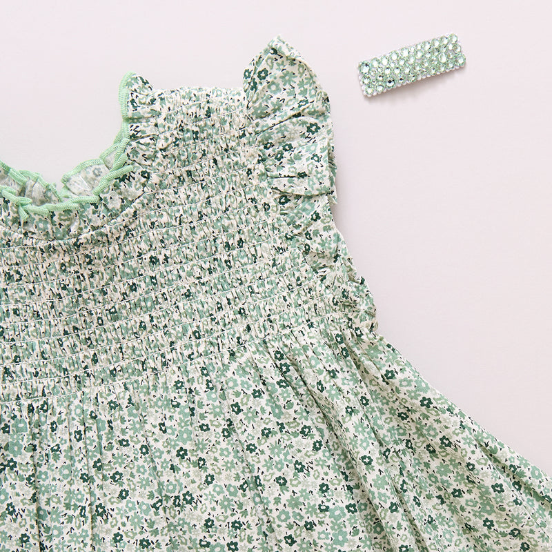 Girls Stevie Dress - Green Mini Ditsy