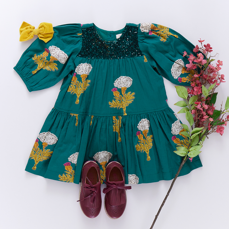 Girls Fiona Dress - Emerald Marigold