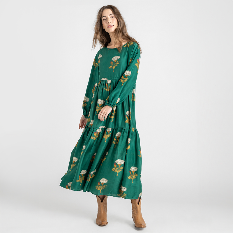 Womens Silk Kelly Dress - Emerald Marigold