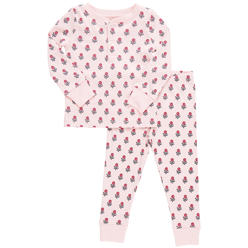 Kids Organic Henley PJ - Pink Tiny Flower Block Print