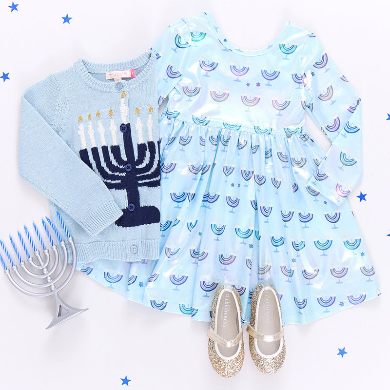 Girls Lame Steph Dress - Hanukkah Menorahs