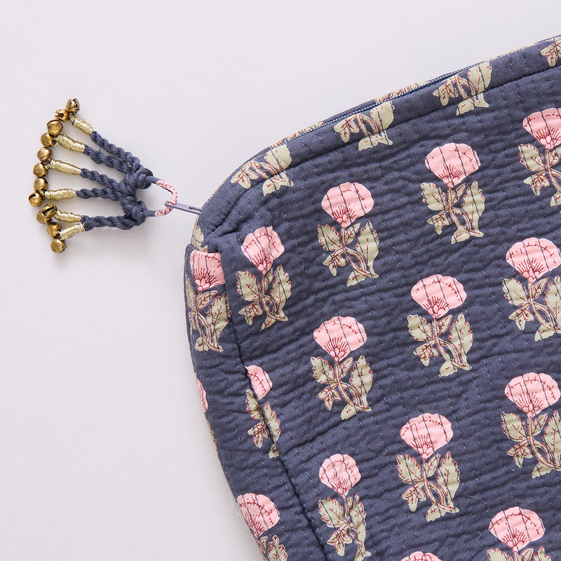 Large Quilted Pouch - Navy Flower Drop