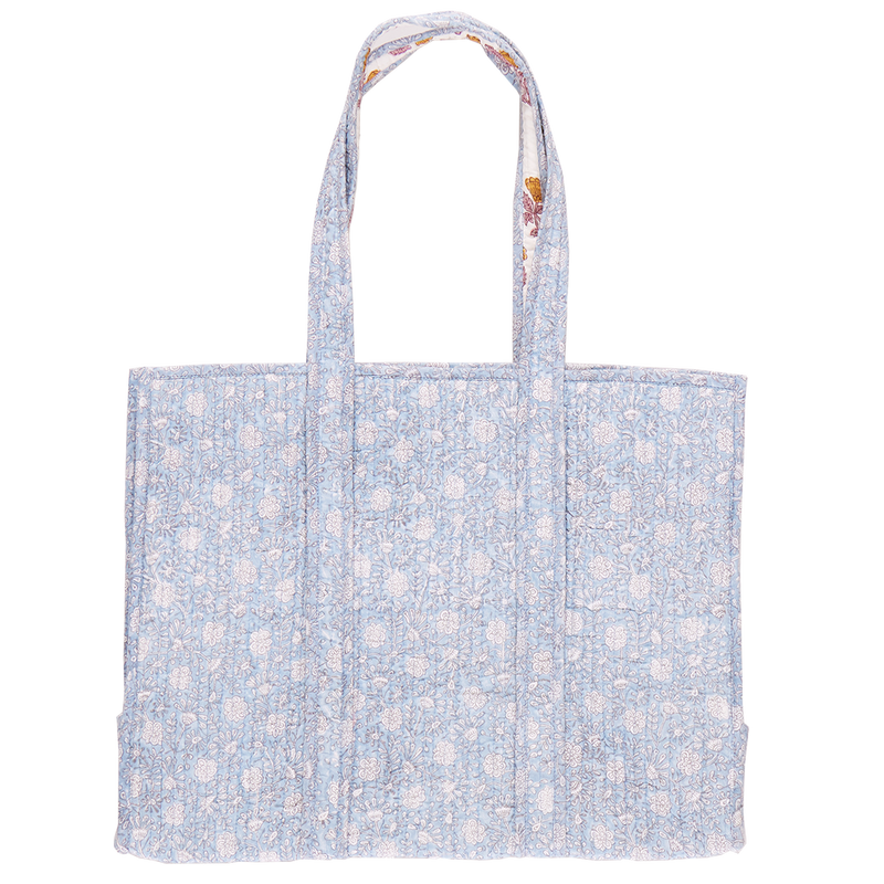 Reversible Large Quilted Tote - Light Blue Garden