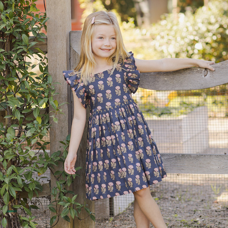 Girls Elsie Dress - Navy Flower Drop