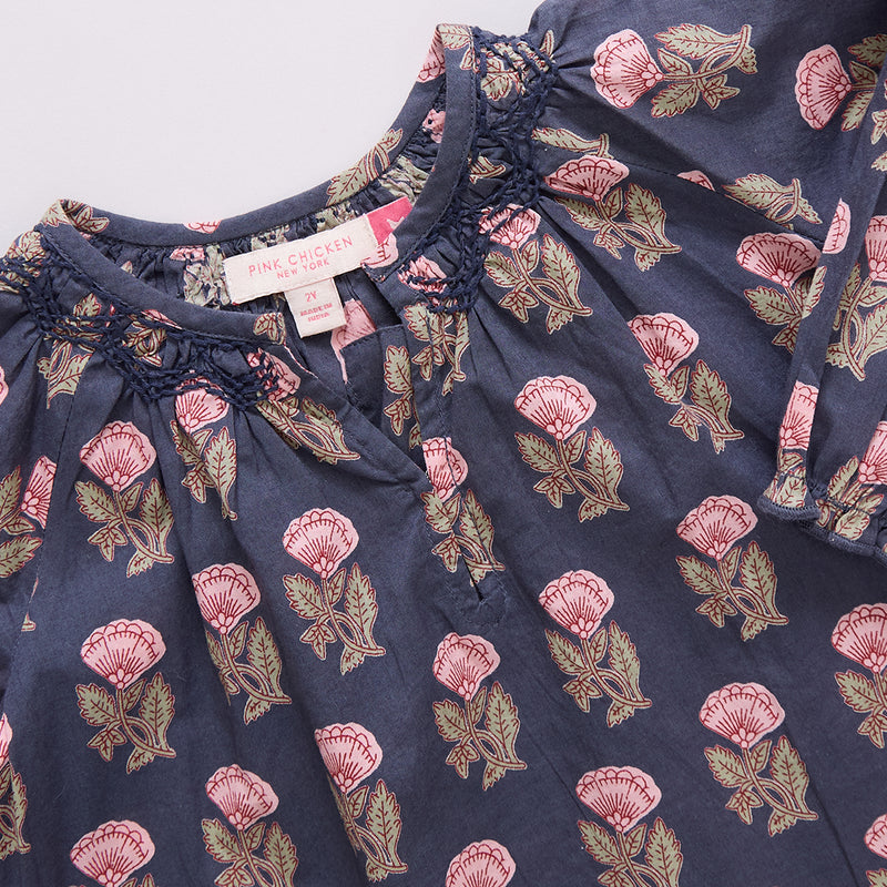 Girls Ava Top - Navy Flower Drop