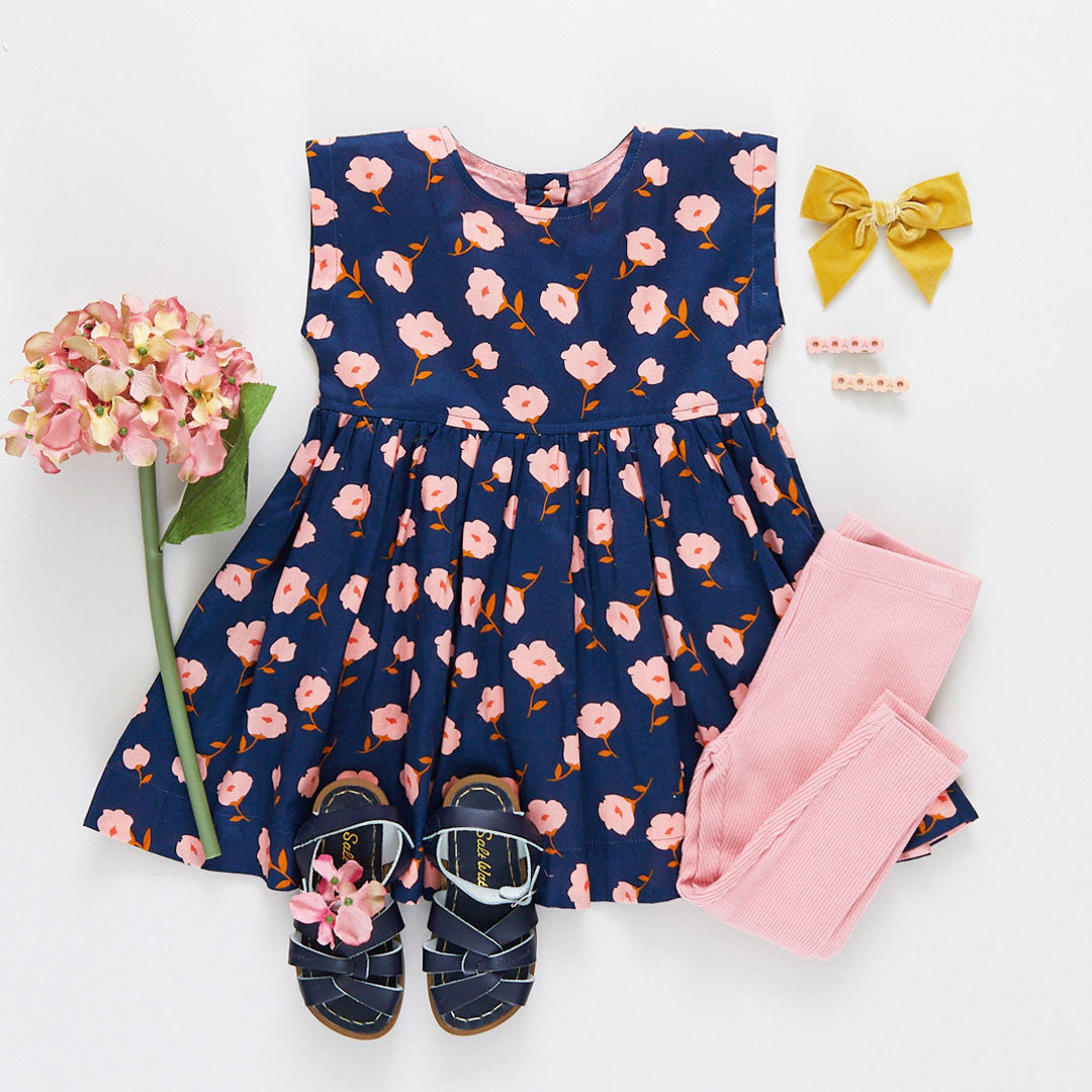 Girls Adaline Dress Chicken - Toss Navy Flower Pink –