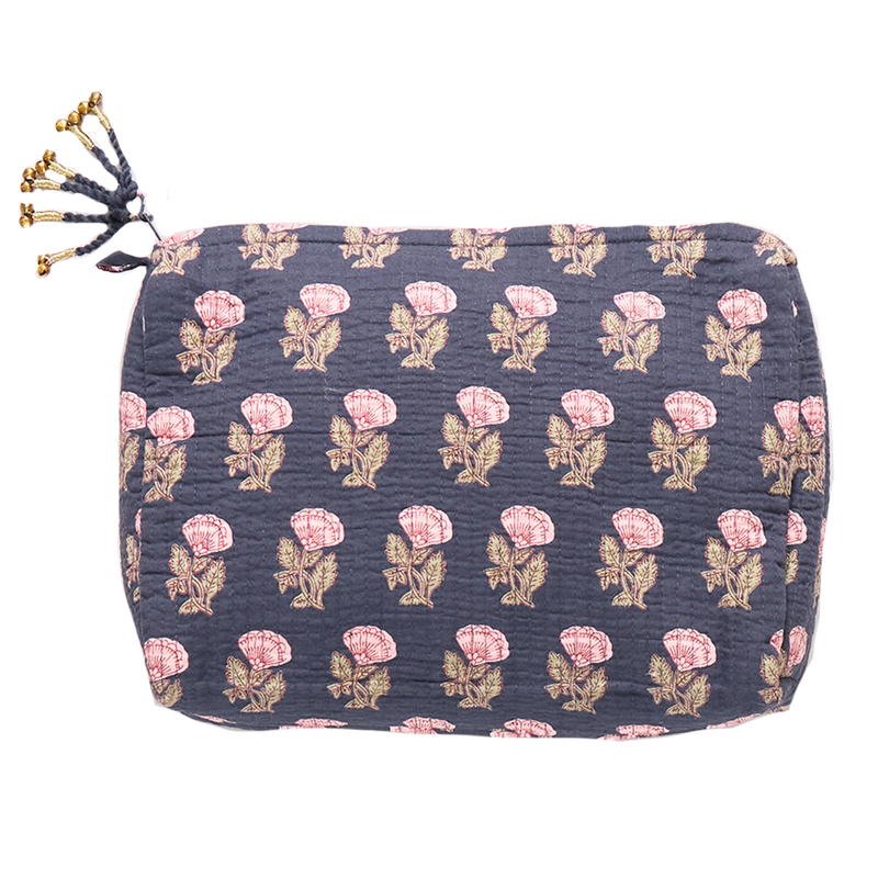 Large Quilted Pouch - Navy Flower Drop