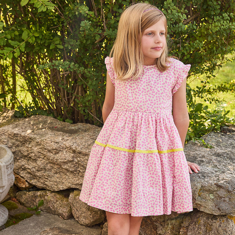 Girls Polly Dress - Pink Mini Squares