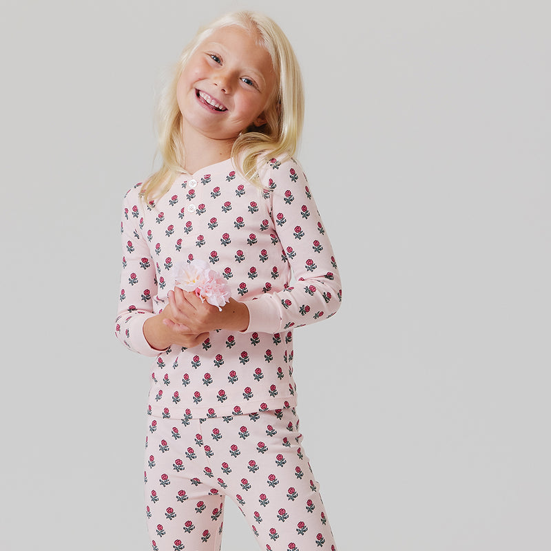 Kids Organic Henley PJ - Pink Tiny Flower Block Print