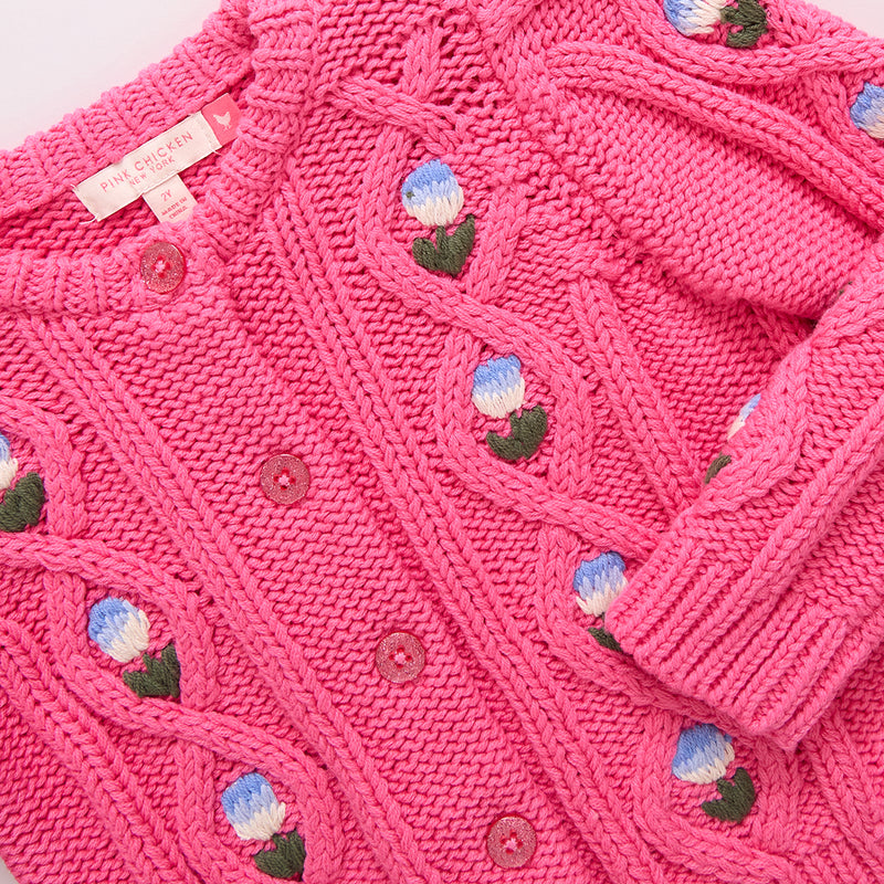 Baby Girls Dahlia Diamond Sweater - Pink Flower Embroidery