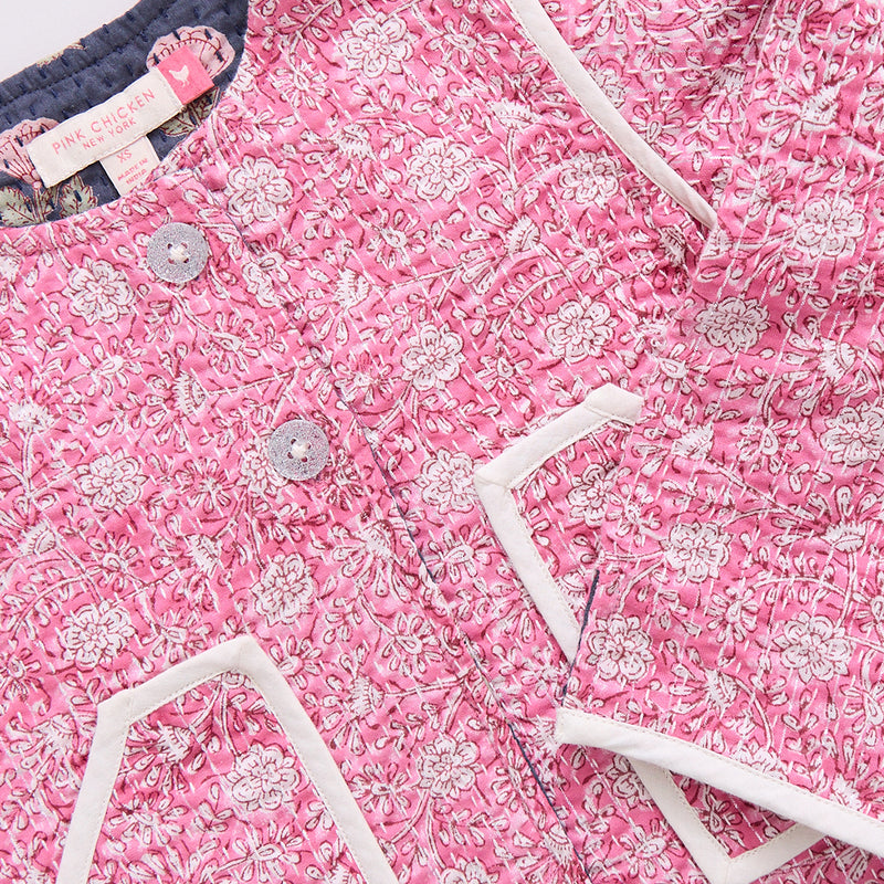 Girls Reversible Quilted Jacket - Hot Pink Garden Floral