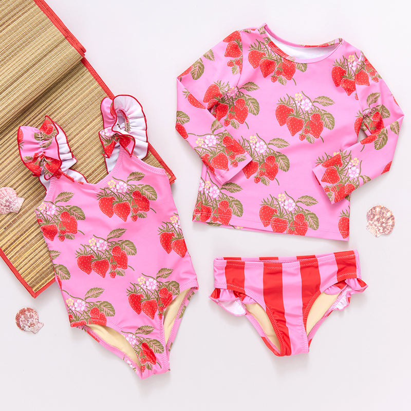 Girls Rash Guard Set - Pink Wild Strawberries