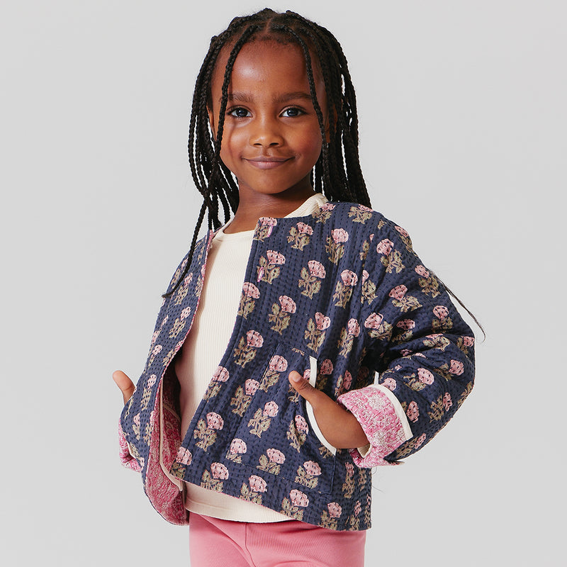 Girls Reversible Quilted Jacket - Hot Pink Garden Floral