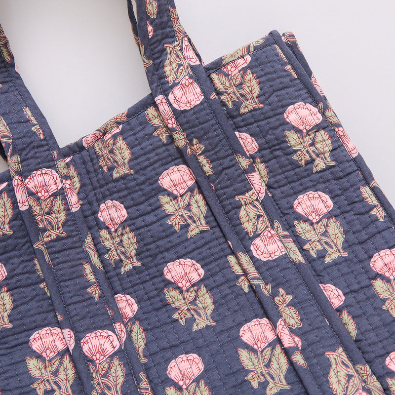 Reversible Small Quilted Tote - Navy Flower Drop