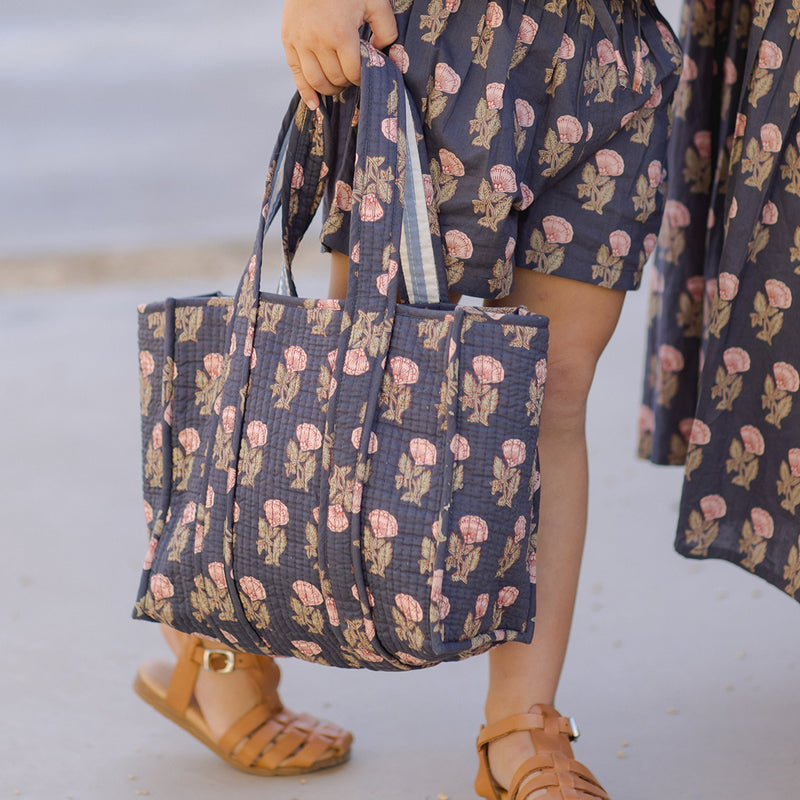 Reversible Small Quilted Tote - Navy Flower Drop