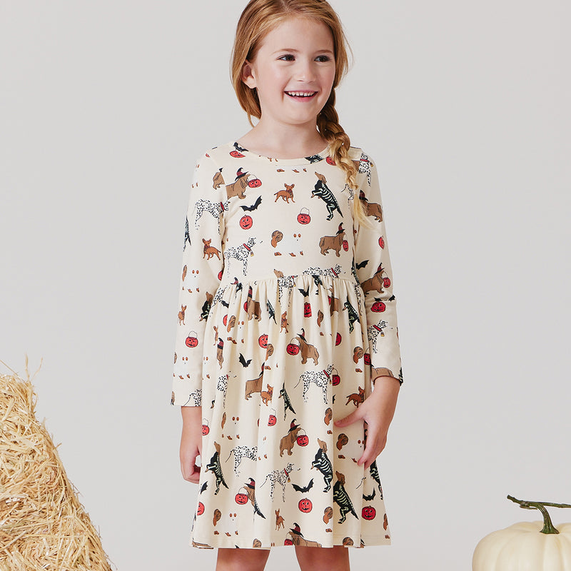 Girls Organic Long Sleeve Steph Dress - Spooky Dogs